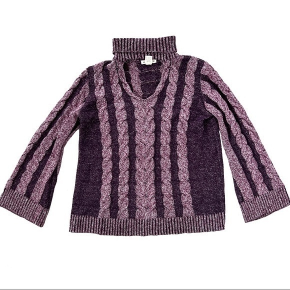 Indigo Thread Cable Knit Turtleneck Keyhole V-Neck Purple Sweater Size Large